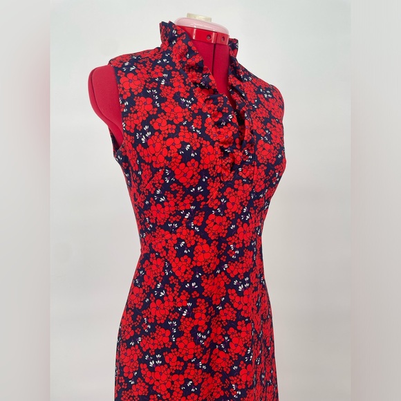 Vintage 60s Red White & Navy Floral Mod Maxi Dress With Ruffles - Picture 4 of 11